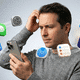 Ícones de apps em torno da cabeça de um homem segurando um iPhone