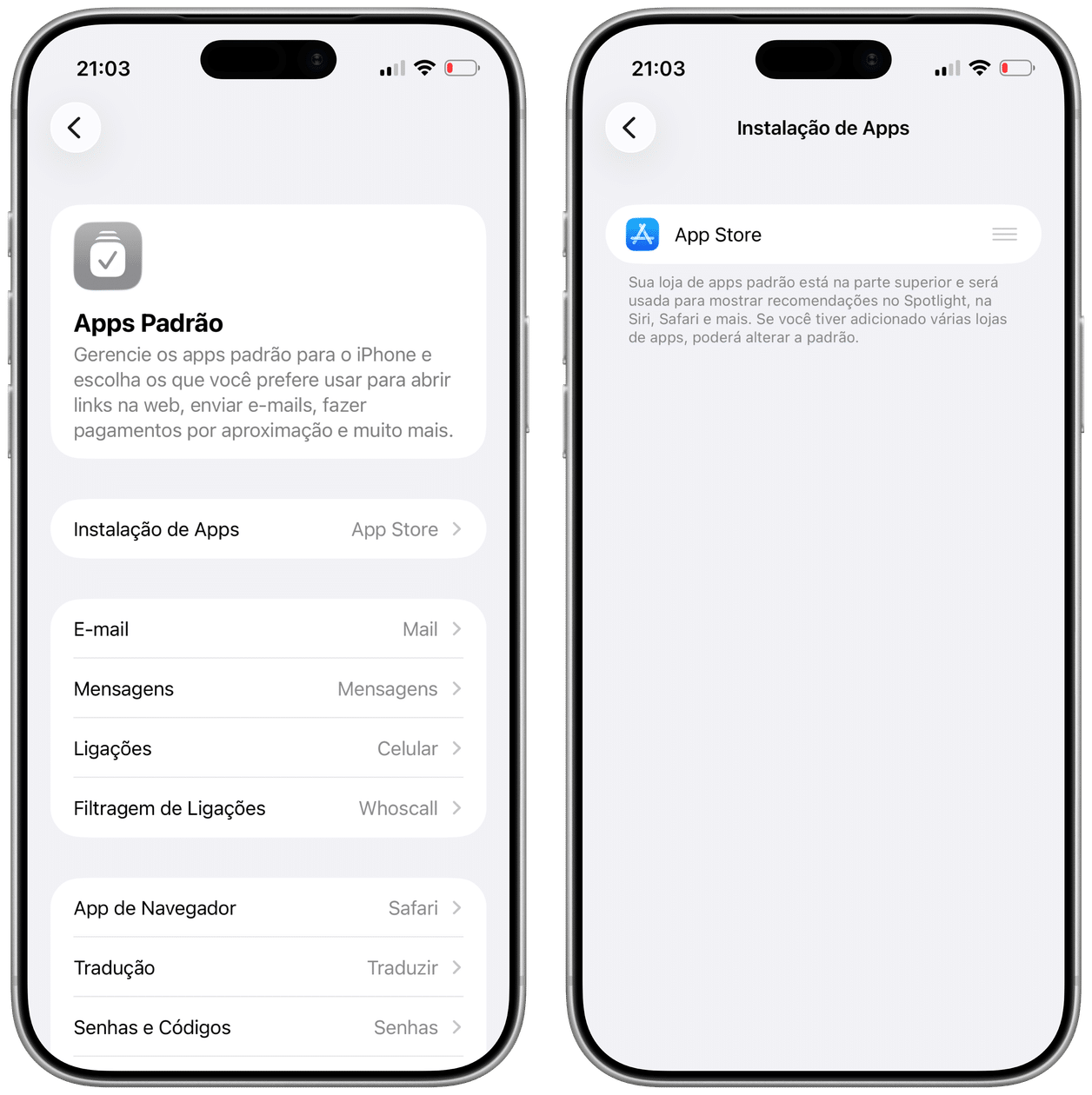 Nova opção "Instalação de Apps" em Apps Padrão