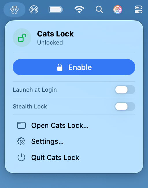 Cats Lock na barra de menus