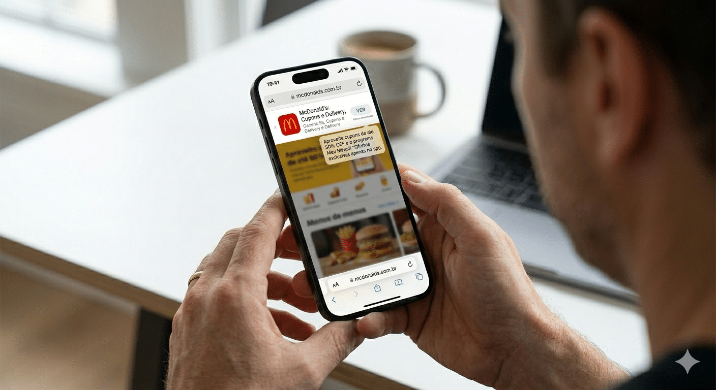 Safari aberto no iPhone na página do McDonald's mostrando uma promoção válida apenas no app