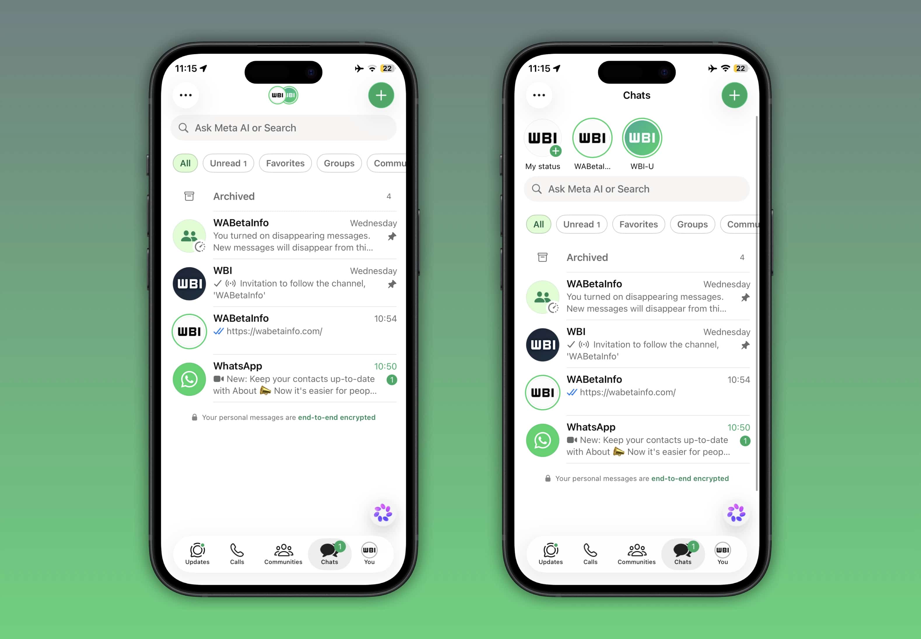 Carrossel de status na aba de conversas do WhatsApp